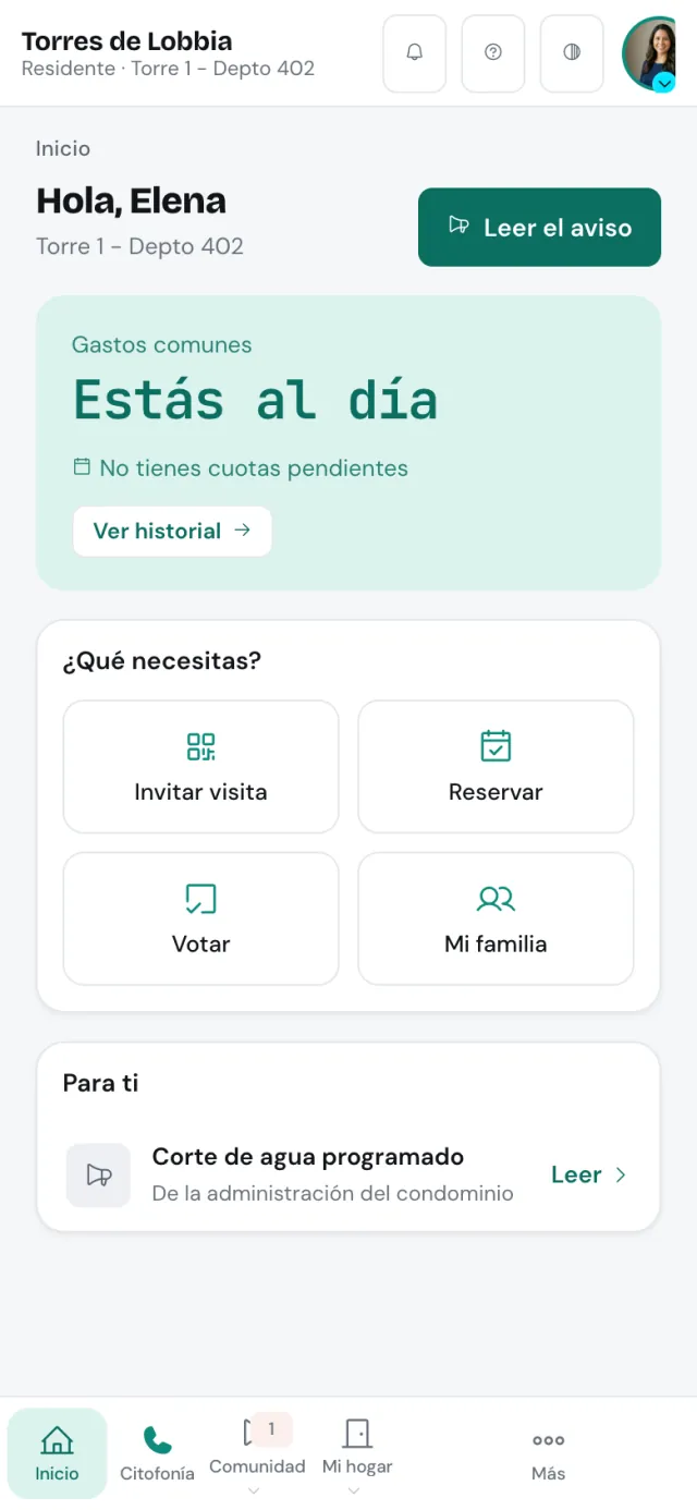 Inicio del residente en la app de Lobbia